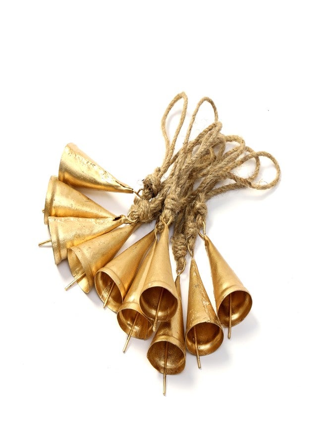 DULI مجموعة DULI من 10 أجراس صغيرة ريفية - أجراس نحاسية عتيقة معلقة للديكور والحرف اليدوية (بيع بالجملة)، فن جداري، ديكور ديوالي، أجراس معلقة لتزيين المنزل (عبوة من 10: أجراس مخروطية مع حبل) - Image 1